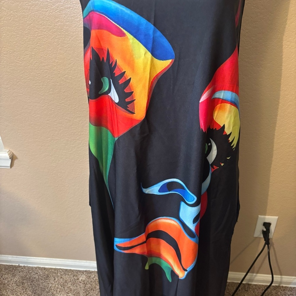Festival Dress Small Black Multicolor Face Print Art Deco Sleeveless Maxi Colors - Picture 3 of 15